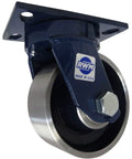 Built Like A Tank Heavy Duty Swivel Plate Caster With 6 Inch Forged Steel Wheel visible at an angle showing its sturdy design.