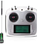 Left Hand Throttle 2.4G RC Transmitter With AFHDS 2A 10 Channel Control BiDirectional Data Transmission Full Touchscreen Interface Includes iA6B Receiver For Quadcopter Multirotor Drone And Airplane Ideal For Hobbyists And Up Your Rig featuring iA6B receiver and silver transmitter with dual antennas
