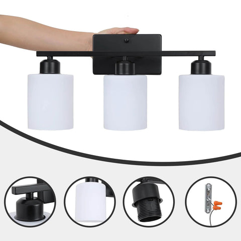 Three Light Black Matte Vanity Light Fixture With Milky White Frosted Glass Shades For Bathroom Over Mirror.