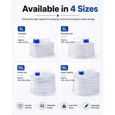 Collapsible water containers in 4 sizes with leak-proof spigot, part of Two 2.6 Gallon Collapsible Water Container With Leak Proof Spigot