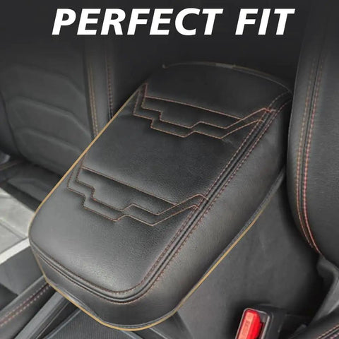 Nissan Frontier Center Console Armrest Cover That Fits 2022 2023 2024 2025 2026 With Vegan Leather Cushion Pad and Orange Trim, installed view.