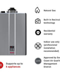 Rock Solid Professional Grade Tankless Hot Water Heater With Hella Smooth 11 GPM Flow showing natural gas input and recirculation technology.