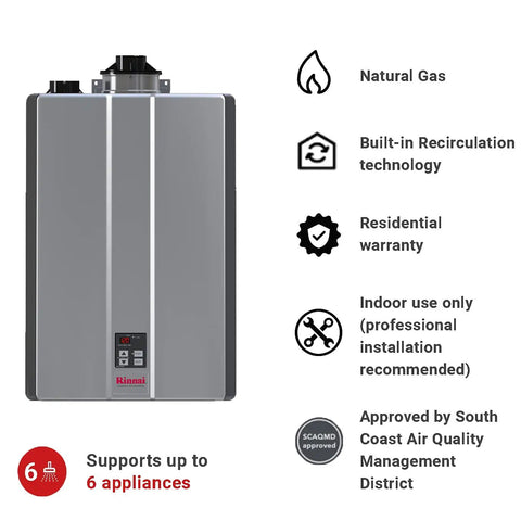 Rock Solid Professional Grade Tankless Hot Water Heater With Hella Smooth 11 GPM Flow showing natural gas input and recirculation technology.