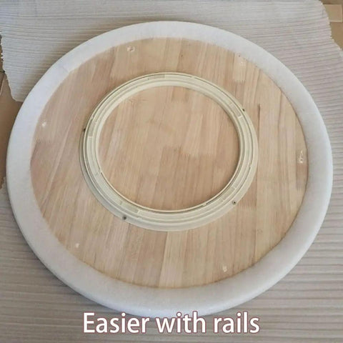 Smooth Spinning Wooden Lazy Susan Rotating Turntable Serving Tray Silent Bearing 39 Inch Round Food Platform with rails on top.