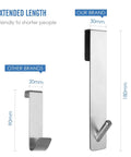 Comparison of our Extended Seven Inch Over Door Hooks For Frameless Glass Shower Doors and other brands, showing size difference.