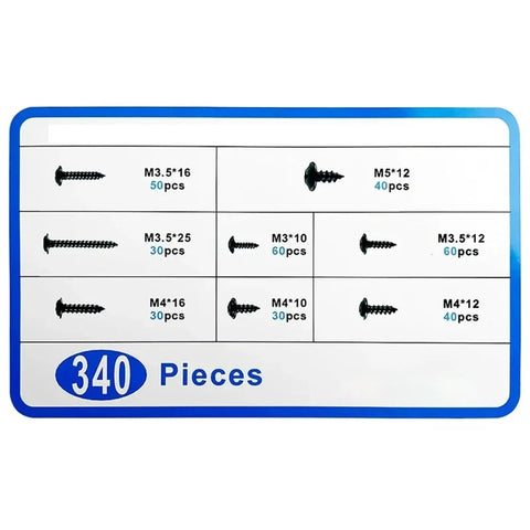 340-Piece Cross Head Self-Tapping Screws Kit With Washers, Carbon Steel M3 M3.5 M4, labeled sizes and quantities