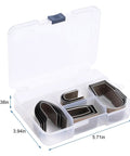 Open box of 18Pcs Universal DIY Embossing Punch Set Kit In Alloy Steel For Leather Crafting with 3 shapes, dimensions visible