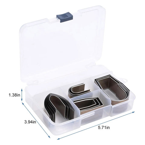 Open box of 18Pcs Universal DIY Embossing Punch Set Kit In Alloy Steel For Leather Crafting with 3 shapes, dimensions visible
