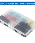 300 Piece Heavy Duty Solder Seal Wire Connectors Assortment Kit Waterproof arranged in a transparent storage case.