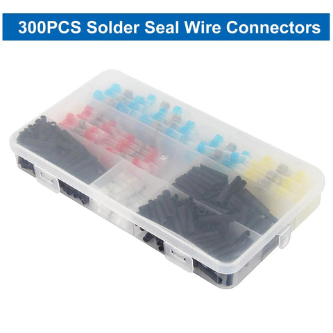 300 Piece Heavy Duty Solder Seal Wire Connectors Assortment Kit Waterproof arranged in a transparent storage case.