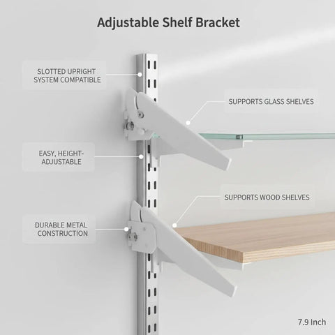 Heavy Duty Metal Shelf Bracket For Slotted Upright Rails 7.9 Inch Length White Finish Built Tough To Support Glass Or Wood Shelves