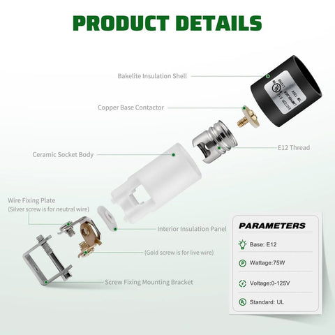 Heavy Duty Ceramic E12 Bulb Sockets Kickin Durability Straight Forward Wiring Hooks Up Easily To Led Or Halogen Lamps with detailed components.