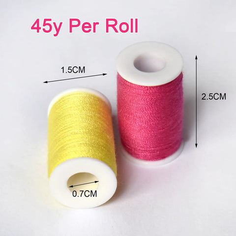 Two spools of thread, yellow and red, labeled 45y per roll, from Rainbow Sewing Thread Kit With 42 Assorted Colors And White And Black.