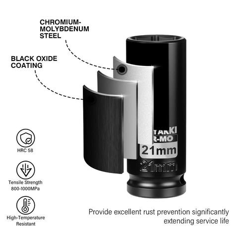 Diagram of 21mm Deep 1/2 Inch Drive 6 Point Impact Socket For Easy Axle Nut Removal In CR-MO Steel showing layers and features