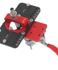 Rock Solid 35mm Aluminum Hinge Jig Kit For Cabinet Doors Accurate Locking Guide, red and black drilling tool with adjustable clamp.