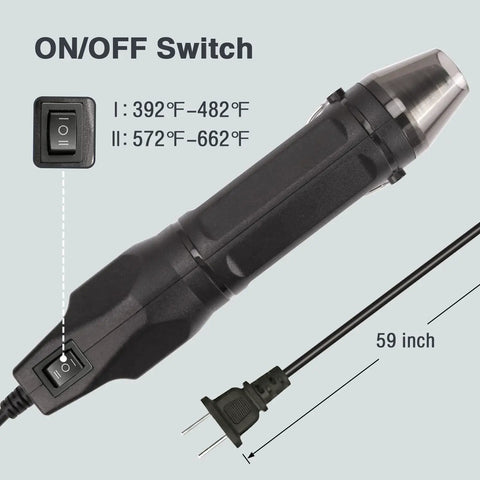 Mini Heat Gun With Dual Temperature Settings 392F And 662F, 4.9 Ft Cord showing on/off switch and temperature settings.