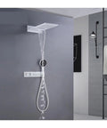 RIBEUJIZS Digital Shower System with white shower head and handheld mixer in modern bathroom setting.