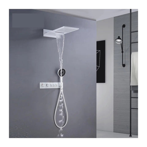 RIBEUJIZS Digital Shower System with overhead shower and handheld shower, black thermostatic wall-mounted design.