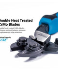 Close-up of 8 Inch Mini Bolt Cutter With Double Heat Treated CrMo Blades, blue and black handle visible.