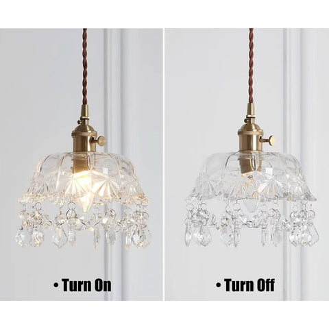 Glass Pendant Lamp Crystal Pendant Light Shade Ceiling Light Chandelier Ceiling Lamp Bedside Lamp shown on and off, with K9 crystal details.