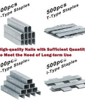 500pcs U, T, D, I-type staples shown, included in Heavy Duty Upholstery Staple Gun 4 In 1 Stapler With 2000 Staples set