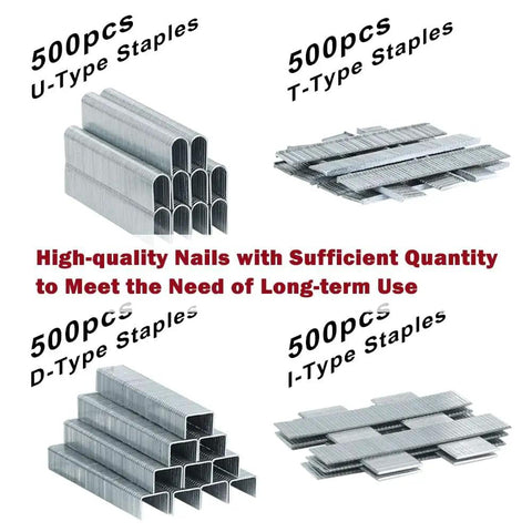 500pcs U, T, D, I-type staples shown, included in Heavy Duty Upholstery Staple Gun 4 In 1 Stapler With 2000 Staples set