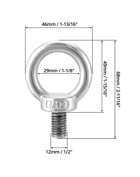 Top Shelf 304 Stainless Steel M12 x 20mm Shoulder Lifting Ring Eye Bolt With Male Thread Five Pack dimensions and specifications