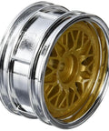 Porsche Taisan 26mm Chrome Gold RC Rim Set Two Piece For TT 02B Chassis, aluminum look, close-up of gold and chrome finish wheel