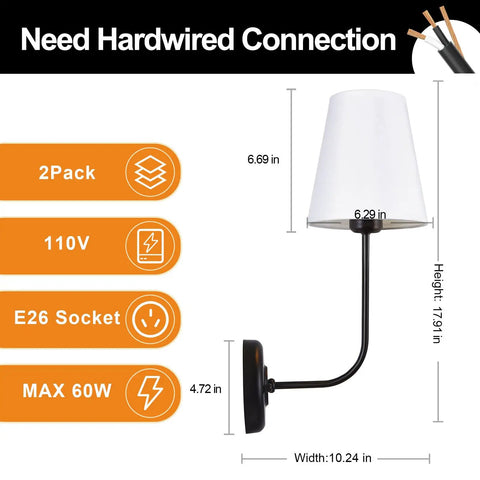 Hardwired Wall Sconces 2-Pack Vintage Industrial Lights With Flared White Fabric Shades For Dining Room Living Room Bedrooms Bedside Reading Farmhouse Style Easy Install No Bulbs Included