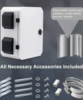 Outdoor Electrical Box Weatherproof IP65 Enclosure made from cold rolled steel with aluminum back beam, shown with accessories.