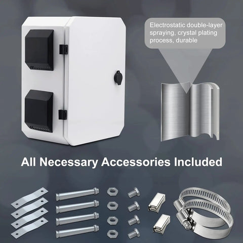 Outdoor Electrical Box Weatherproof IP65 Enclosure made from cold rolled steel with aluminum back beam, shown with accessories.