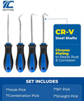 Pro Grade Precision Hook And Pick Set For Automotive Work Four Piece Hand Tool Kit with varying pick angles on CR-V steel shafts
