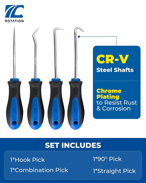 Pro Grade Precision Hook And Pick Set For Automotive Work Four Piece Hand Tool Kit with varying pick angles on CR-V steel shafts