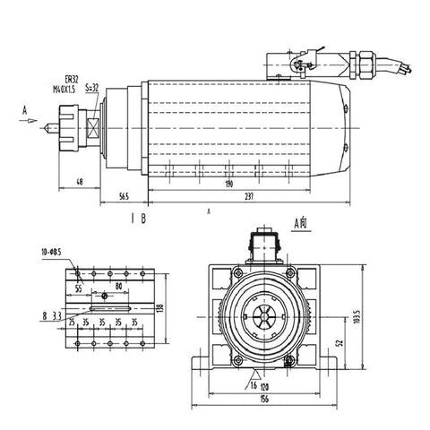Technical drawing of 5.5KW CNC Spindle Motor Square Air Cooled Built For Heavy Milling ER3.2 Chuck 380V 600Hz 18000 RPM