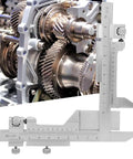Gear Tooth Vernier Caliper with stainless steel build, dual perpendicular vernier scales in use measuring gear thickness