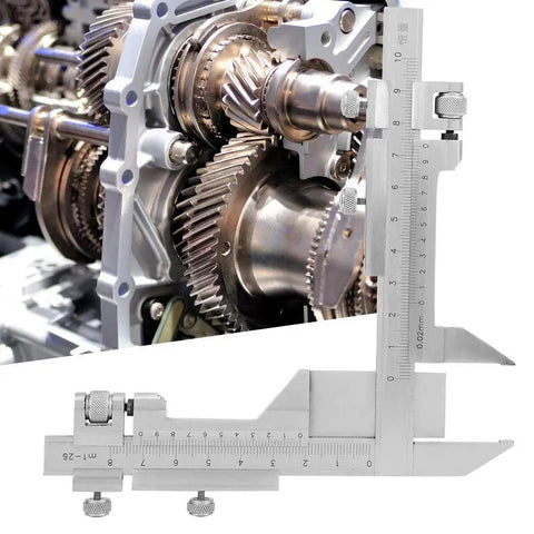 Gear Tooth Vernier Caliper with stainless steel build, dual perpendicular vernier scales in use measuring gear thickness