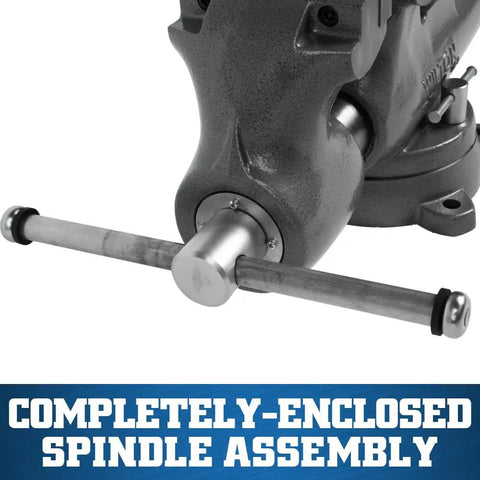 Beefed Up Heavy Duty Bench Vise For Machinists With 6 Inch Jaw Width 10 Inch Opening Five And A Half Inch Throat Locking Swivel Base With Double Lockdowns Sealed Construction For Lifetime Smooth Operation Massive Cast Iron Body And Hardened Steel Jaws, enclosed spindle assembly