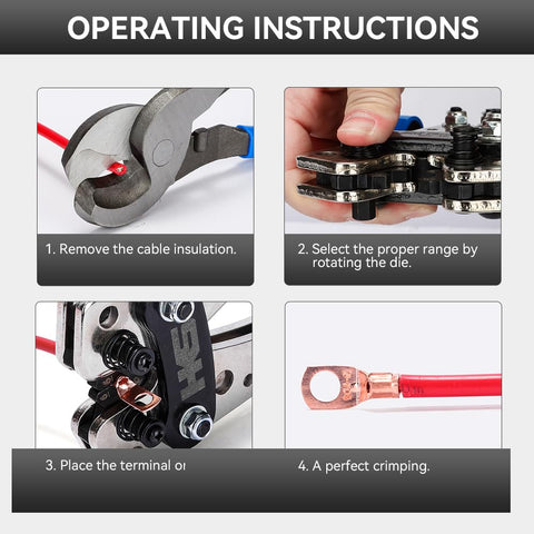 Operating instructions for Heavy Duty Battery Cable Crimping Tool Kit With Rotatable Jaw And Six Crimp Sizes From 10 To 1 AWG.