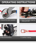 Operating instructions for Beefy Heavy Duty Battery Cable Lug Crimping Tool showing usage with cutter and crimping process.