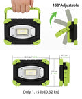 Portable LED Work Light 20W Rechargeable Flood Light With Built In Power Bank For Hiking Camping Auto Repair Workshop And More Dual Use Flashlight And Work Light On The Go 5 Modes High Medium Low Red SOS adjustable handle dimensions shown