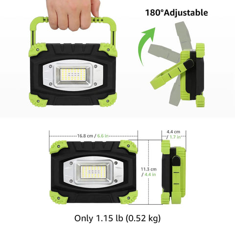 Portable LED Work Light 20W Rechargeable Flood Light With Built In Power Bank For Hiking Camping Auto Repair Workshop And More Dual Use Flashlight And Work Light On The Go 5 Modes High Medium Low Red SOS adjustable handle dimensions shown