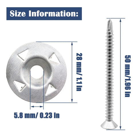 Rock Solid 200 Piece Foam Board Fasteners Kit features a galvanized washer 28mm and stainless steel screw 50mm for insulation setup.