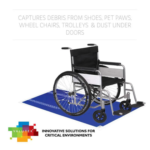 Blue LDPE Cleanroom Adhesive Mats For Entryways With Built Tough Peel And Reveal Sticky Floor Rolls That Trap Dirt Instantly Using No Fuss Swap Methods For Busy Workshops 18 By 36 Inch Heavy Duty Pack under a wheelchair.