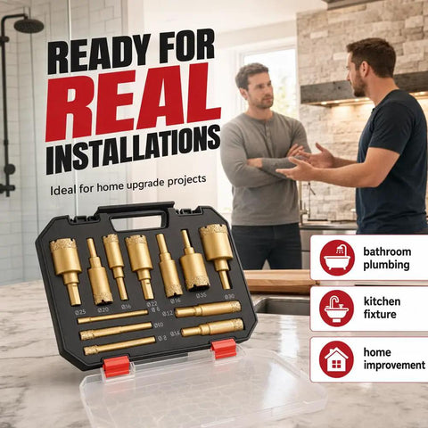 Solid 12 Pack Diamond Hole Saw Kit Brazed Bits For Cutting Ceramic Porcelain Tile Granite Marble Glass Dry Or Wet With No Slip Guide And Storage Bag 1/4 To 2 Inches Gold, gold bits in case