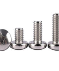 Close-up of four 20 Pack 1/4-20 x 1/2 Pan Head Phillips Machine Screws 304 Stainless Steel 18-8 Full Thread Corrosion-Resistant Fasteners