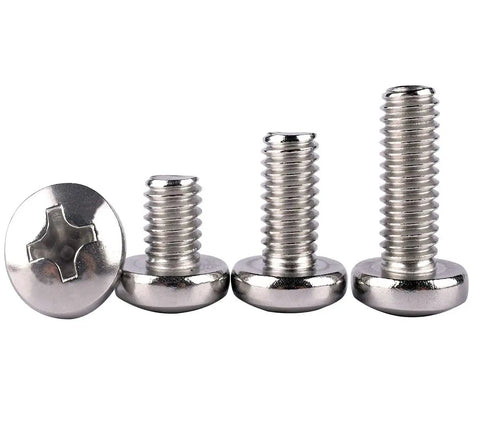 Close-up of four 20 Pack 1/4-20 x 1/2 Pan Head Phillips Machine Screws 304 Stainless Steel 18-8 Full Thread Corrosion-Resistant Fasteners