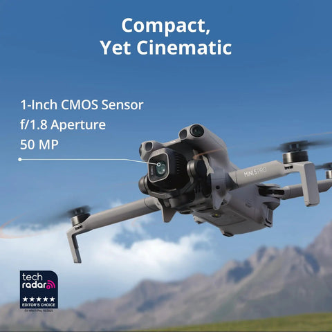 Mini 5 Pro Fly More Combo Plus With RC 2 Drone in flight, showcasing 1-inch CMOS sensor and 225 degree gimbal rotation.