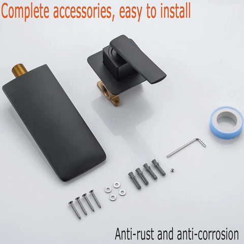 Wall Mount Waterfall Bathroom Faucet Matte Black for Vanity Sink with complete installation accessories, split-brass construction.