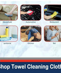 Collage of cleaning applications showing industrial grade cotton shop towels for various uses including automotive and kitchen.