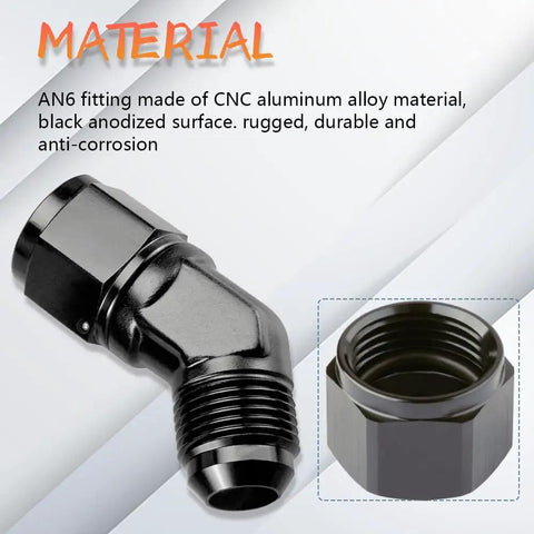 6AN 45 Degree Swivel Fitting Male To Female Aluminum Adapter For High Pressure Hose Lines 9/16-18 UNF Thread 37 Degree Flare CNC Machined 6061 T6 Leak Free Performance AN6 Fitting, black anodized